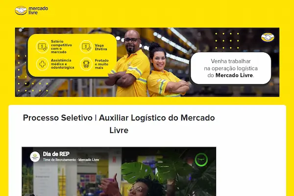 Processo de inscrição para a vaga de Auxiliar Logístico Mercado Livre