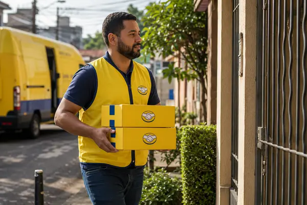 Entregador do Mercado Livre levando pacotes até a casa do comprador