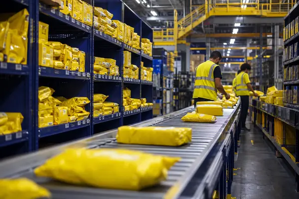 Centro de distribuição com pacotes separados por rota de entrega